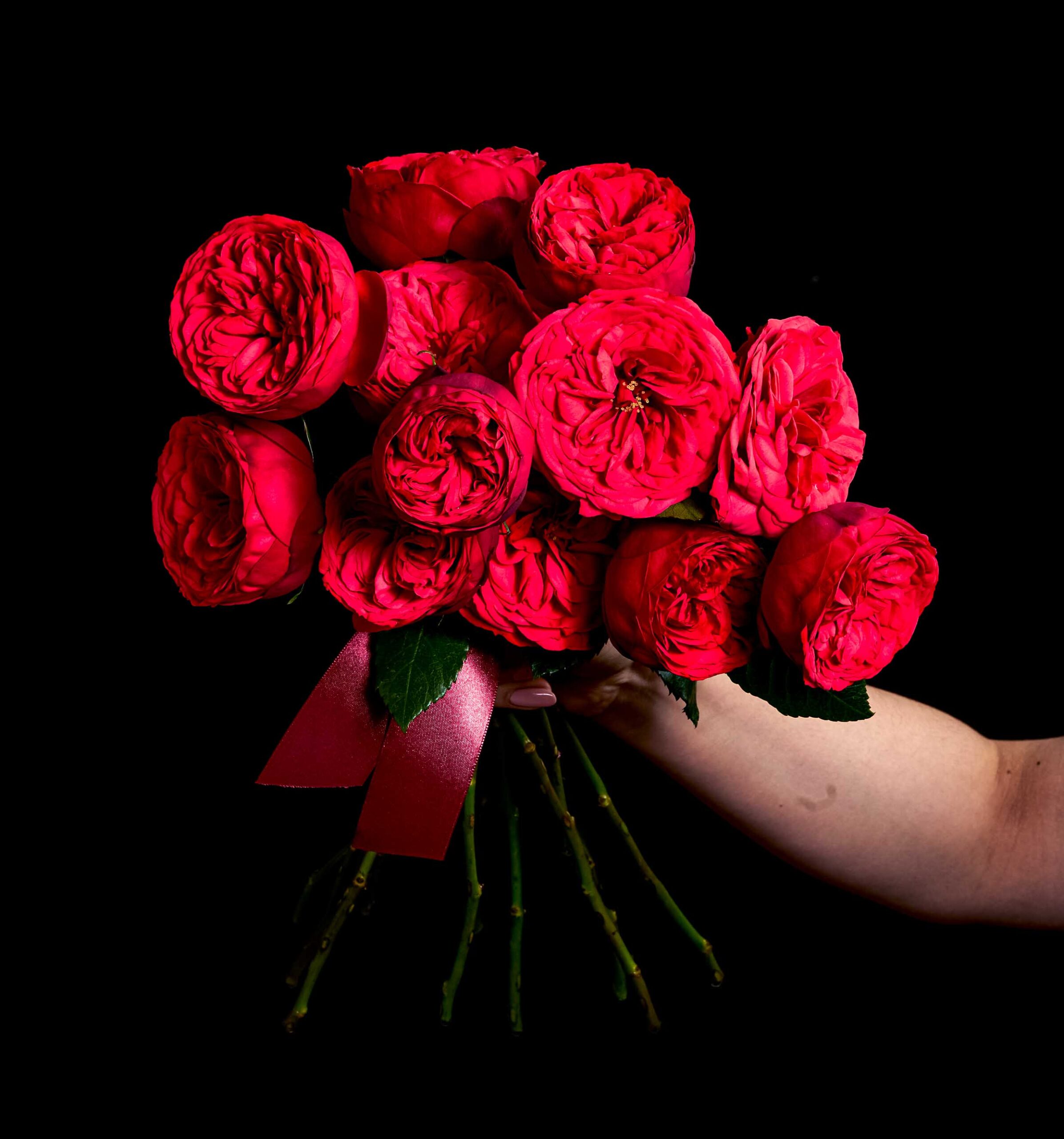 A bouquet of red roses in a hand
